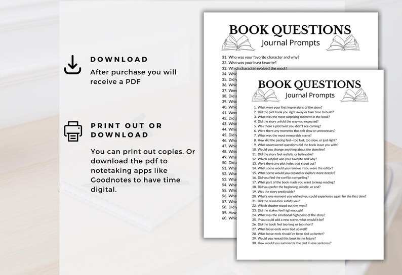 Puede incluir: Dos p&aacute;ginas PDF imprimibles con preguntas de diario de libros. Las p&aacute;ginas muestran el texto "BOOK QUESTIONS Journal Prompts". Las preguntas incluyen preguntas sobre personajes, trama y escenas memorables.