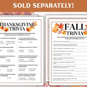 May include: Two printable trivia games, one for Thanksgiving and one for Fall, with multiple-choice and true/false questions. The Thanksgiving game has a festive leaf border and the text "Thanksgiving Trivia". The Fall game has a similar design with the text "Fall Trivia".