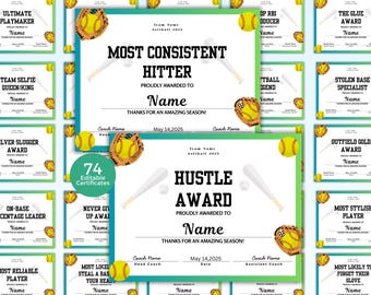 Customizable Softball Awards | 74 Personalized Softball Awards | Softball Certificates | Unique End of the Season Certificates Awards