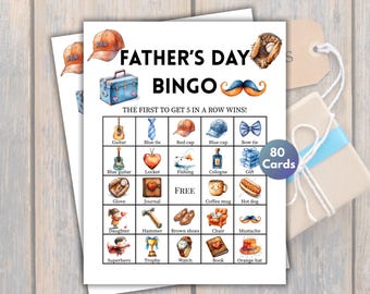 Bingo per la festa del papà, 80 cartelle da bingo stampabili per la festa del papà, gioco per la festa del papà, gioco per il brunch della festa del papà, celebrazione della festa del papà