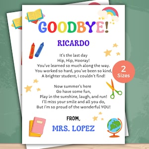 End of the Year Poem from Teacher | Last Day of School Graduation Gift Keepsake | Goodbye Letter for Students | Prek Kindergarten Elementary