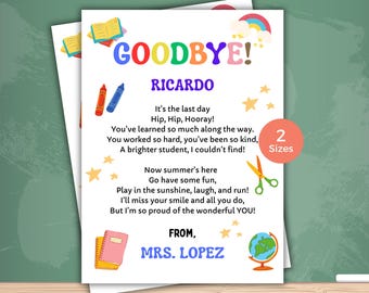 End of the Year Poem from Teacher | Last Day of School Graduation Gift Keepsake | Goodbye Letter for Students | Prek Kindergarten Elementary