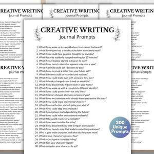 May include: Several white paper sheets featuring creative writing journal prompts. The text includes questions such as "What if you woke up in a world where time moved backward?" and "What if animals could talk?" A blue circle reads "200 Unique Prompts."