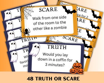 Fillable Halloween Truth or Scare Cards | Halloween Party Game | Halloween Printable | Halloween Game for Kids | 48 Cards Games