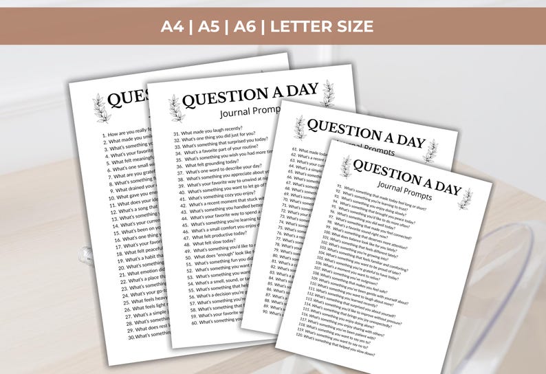 Może przedstawiać: Białe papierowe podpowiedzi do dziennika z tekstem "QUESTION A DAY" i kwiatowym wzorem. Podpowiedzi do dziennika są dostępne w rozmiarach A4, A5, A6 i Letter. Podpowiedzi są ponumerowane i zawierają pytania.