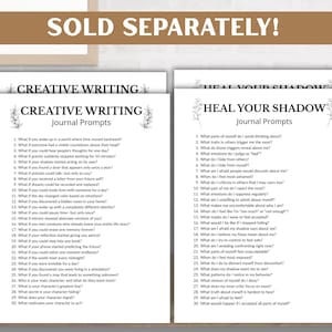 K&ouml;nnte beinhalten: Zwei Seiten mit Journal-Fragen, eine mit dem Titel "Creative Writing" und die andere mit "Heal Your Shadow". Jede Seite enth&auml;lt eine Liste von Fragen, die f&uuml;r das Journaling bestimmt sind. Die Seiten sind wei&szlig; mit schwarzem Text und floralen Akzenten.