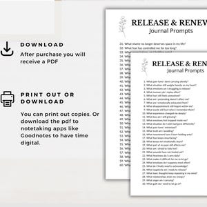 May include: Two white pages with "Release & Renew Journal Prompts" text and floral accents. The pages contain numbered prompts for journaling. The image also shows download and print instructions.