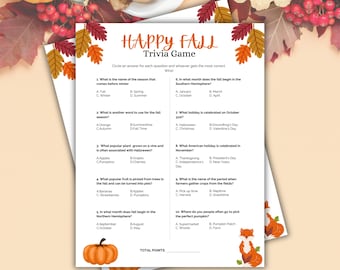 Happy Fall Trivia-spel, herfst Trivia-spel, herfst Trivia-spel, herfstspellen voor familieplezier, Office Party Games, afdrukbaar trivia-spel