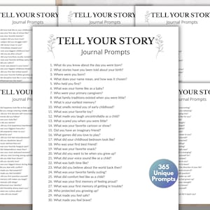 May include: White journal pages with the text "TELL YOUR STORY Journal Prompts" and a floral design. The pages contain a list of 365 unique journal prompts. A blue circle with the text "365 Unique Prompts" is also visible.