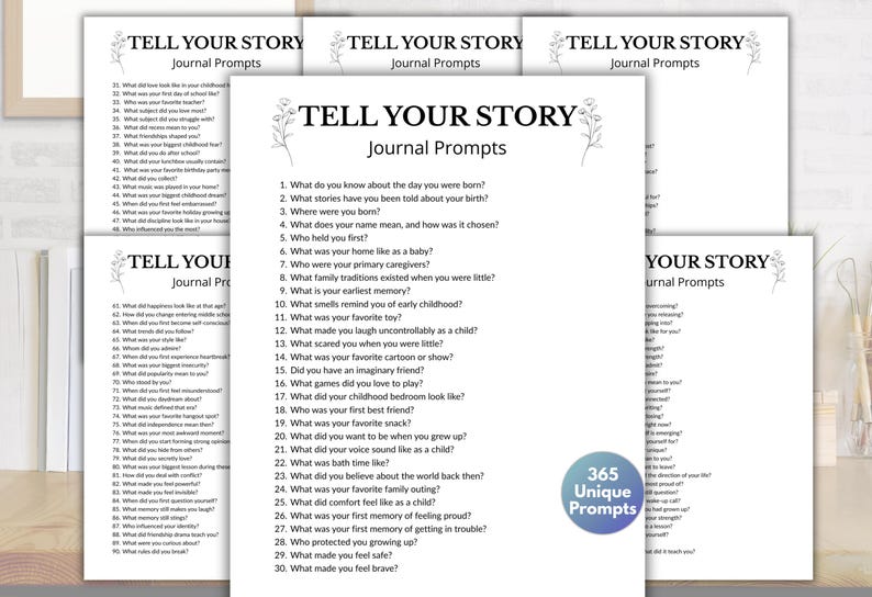May include: White journal pages with the text "TELL YOUR STORY Journal Prompts" and a floral design. The pages contain a list of 365 unique journal prompts. A blue circle with the text "365 Unique Prompts" is also visible.