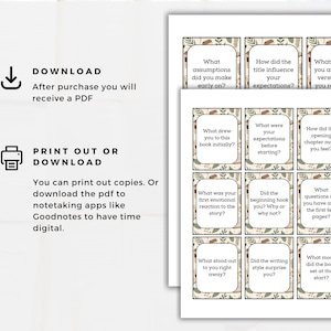 May include: A stack of printed cards with book discussion questions, featuring a decorative border. The cards are on a white background with text that reads "DOWNLOAD" and "PRINT OUT OR DOWNLOAD". The cards are designed for use with notetaking apps.