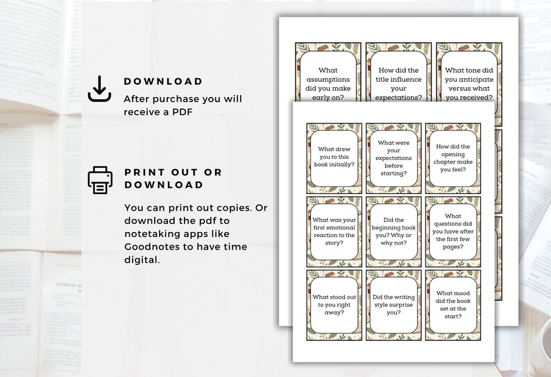 May include: A stack of printed cards with book discussion questions, featuring a decorative border. The cards are on a white background with text that reads "DOWNLOAD" and "PRINT OUT OR DOWNLOAD". The cards are designed for use with notetaking apps.