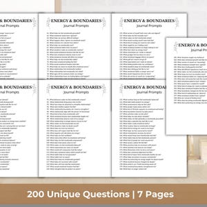 May include: A collection of seven white journal pages with the text "ENERGY & BOUNDARIES Journal Prompts." Each page contains a list of questions. The bottom of the image reads "200 Unique Questions | 7 Pages."