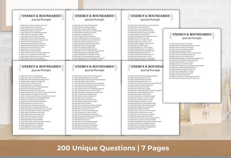 May include: A collection of seven white journal pages with the text "ENERGY & BOUNDARIES Journal Prompts." Each page contains a list of questions. The bottom of the image reads "200 Unique Questions | 7 Pages."