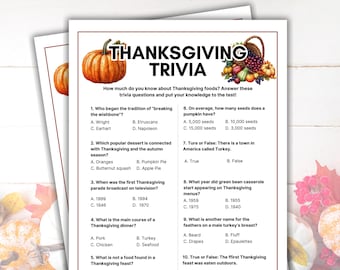 May include: Thanksgiving trivia game with a pumpkin illustration. The game includes multiple-choice questions about Thanksgiving food and traditions. The text reads: "How much do you know about Thanksgiving foods? Answer these trivia questions and put your knowledge to the test!"