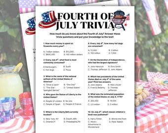 May include: Two Fourth of July trivia game sheets with patriotic illustrations. The sheets feature questions about Independence Day, with a red, white, and blue theme. A jug of lemonade and red and blue cups are in the foreground.