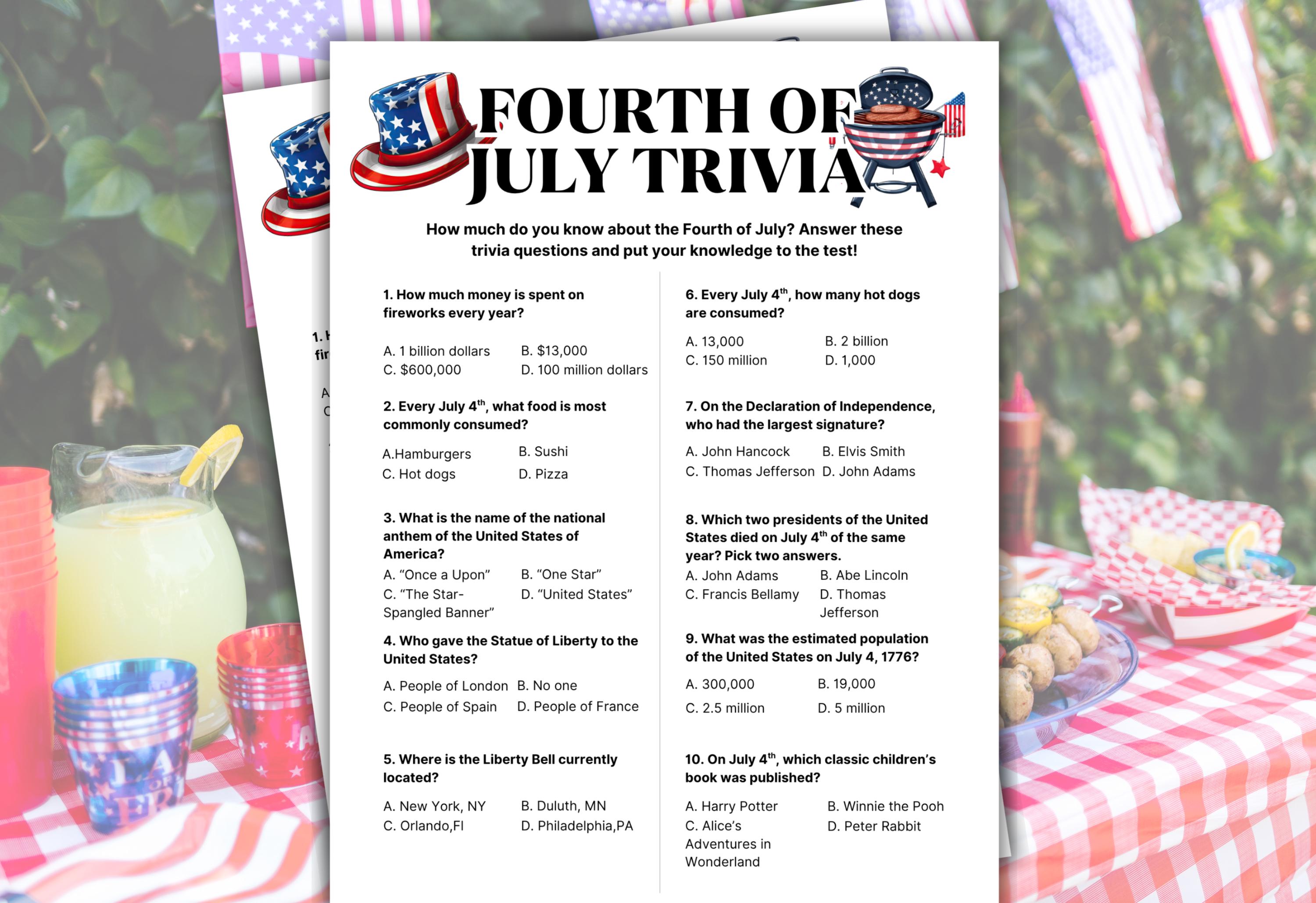 4th of July Trivia Printable Game, Fourth of July Games, Summer Games ...