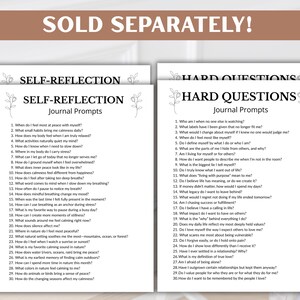 Puede incluir: Dos p&aacute;ginas de preguntas de diario tituladas "Self-Reflection" y "Hard Questions". La p&aacute;gina "Self-Reflection" enumera 30 preguntas, y la p&aacute;gina "Hard Questions" tambi&eacute;n enumera 30. El texto "SOLD SEPARATELY!" est&aacute; en la parte superior.