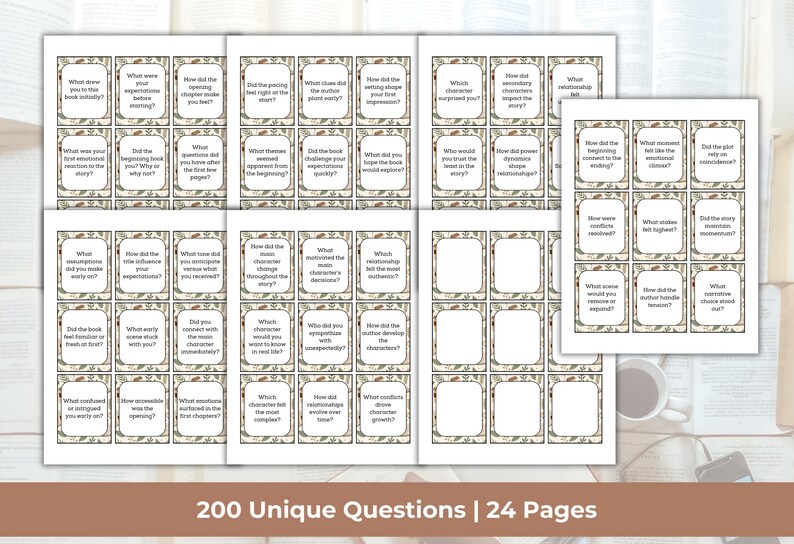 May include: A collection of printed cards with book-related questions, arranged on a wooden surface. The cards have a decorative border and are grouped in sets. The text "200 Unique Questions | 24 Pages" is displayed at the bottom.