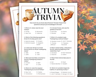 Autumn Trivia Game, Fall Trivia Game, Autumn Printable Games for Family fun, Office Party Games, Printable Trivia Game, Printable PDF