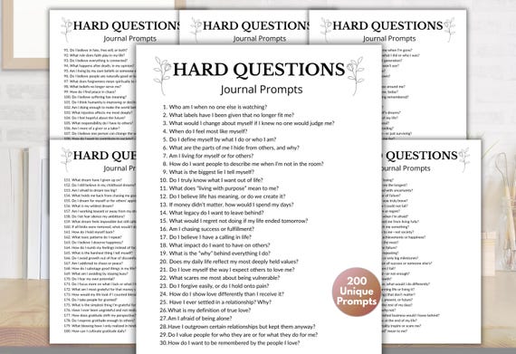 200 Hard Questions Journal Prompts, Self-Discovery Writing Prompts, Difficult Question PDF Prompts, Self-Reflections