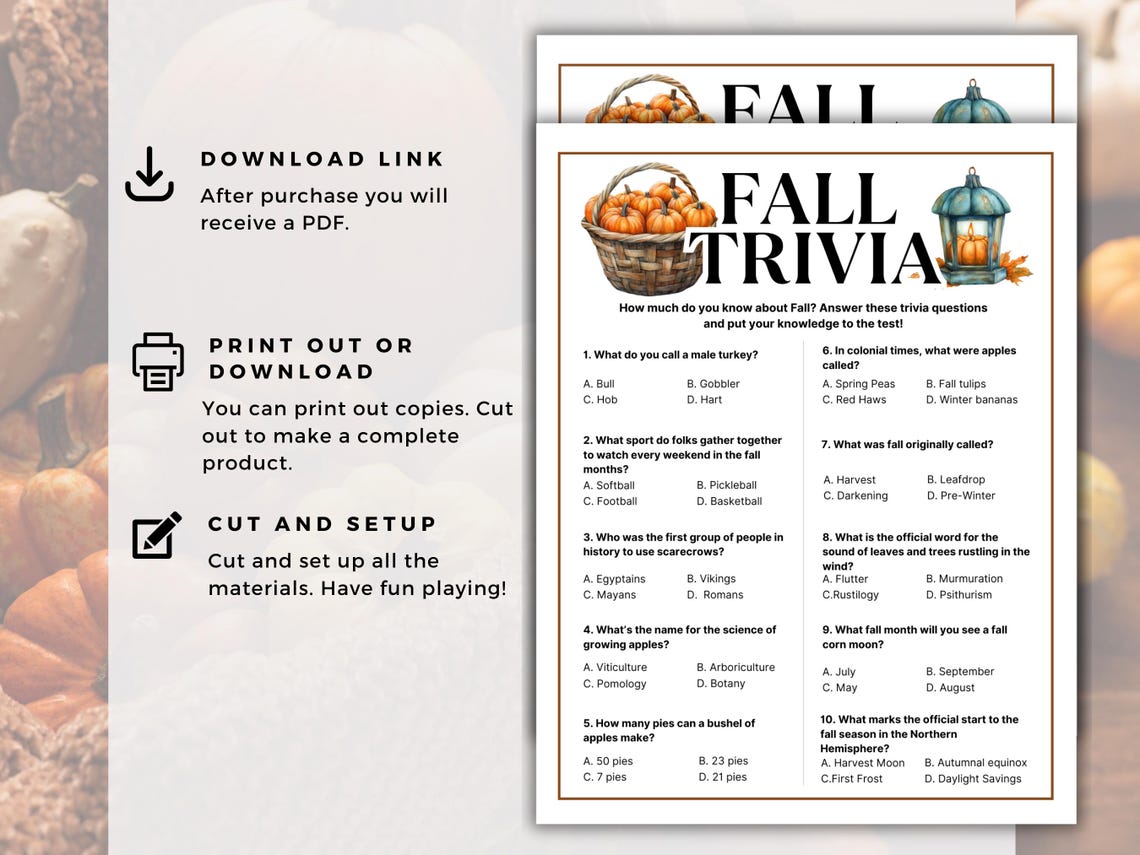 Interview Questions Autumn Fall Trivia Game, Autumn Printable Games, Fall Printable Games, Fall ...