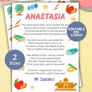 Carta del último día de clases / Poema de fin de año del maestro / Carta de despedida imprimible para estudiantes / Graduación escolar