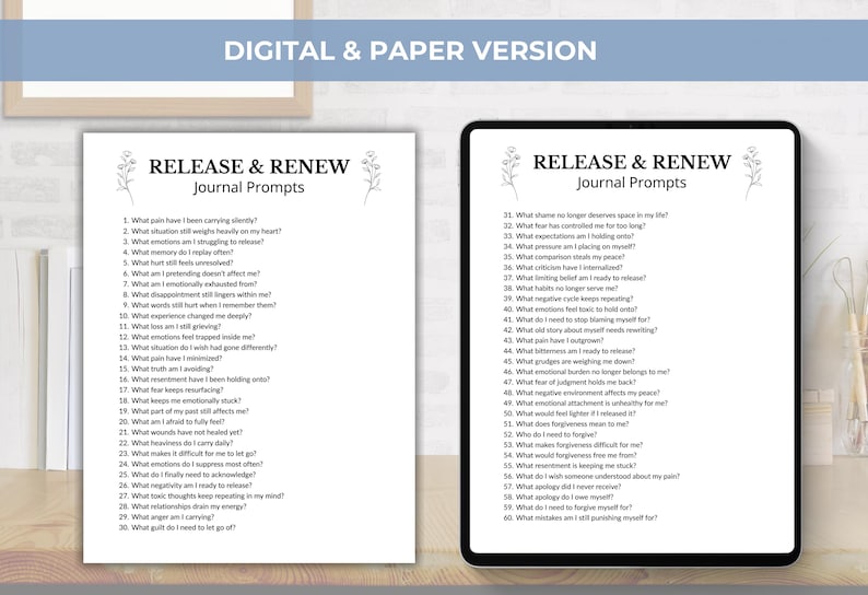 May include: A digital tablet and a printed page display journal prompts for self-reflection. The text "RELEASE & RENEW Journal Prompts" is at the top, with a list of questions below. The image is designed to help with mental health and personal growth.