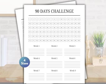 Sjabloon uitdaging 90 dagen, afdrukbare gewoontetracker, watertracker, doelen stellen, motivatieplanner, fitnesstracker, reinigingsroutine