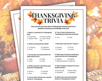 Op de afbeelding: Thanksgiving trivia-spel met meerkeuzevragen. De titel "Thanksgiving Trivia" wordt weergegeven met herfstbladaccenten. Vragen gaan over kalkoenfeiten en Thanksgiving-tradities. De achtergrond toont herfstbladeren.