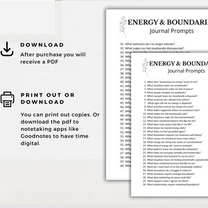 May include: Two white sheets of paper with the text "ENERGY & BOUNDARIES Journal Prompts" are displayed. The prompts are numbered and include questions about emotions and boundaries. The image also shows text about downloading and printing the PDF.