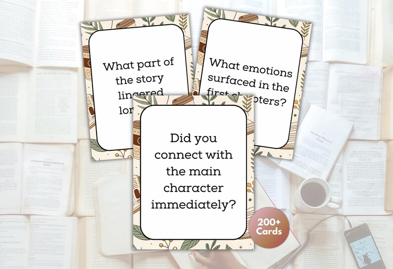May include: Three reading prompt cards with text, including "What part of the story lingered?" and "Did you connect with the main character immediately?" The cards have a beige border with botanical and coffee cup illustrations. A "200+ Cards" sticker is visible.