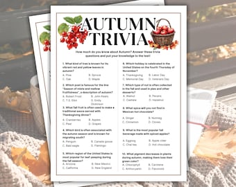 Op de afbeelding: Een stapel herfst trivia-spelbladen. Het bovenste blad heeft de titel "AUTUMN TRIVIA" met een mand met appels en rode bessen. De triviavragen gaan over herfstgerelateerde onderwerpen, zoals bomen, dichters en feestdagen.
