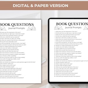 Puede incluir: Una versi&oacute;n digital y en papel de una hoja de indicaciones de diario titulada "Preguntas del libro". La hoja presenta una lista de 30 preguntas dise&ntilde;adas para fomentar la reflexi&oacute;n sobre un libro. Las preguntas est&aacute;n en texto negro sobre fondo blanco.