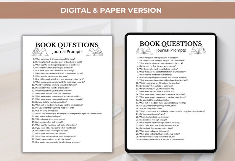 Puede incluir: Una versi&oacute;n digital y en papel de una hoja de indicaciones de diario titulada "Preguntas del libro". La hoja presenta una lista de 30 preguntas dise&ntilde;adas para fomentar la reflexi&oacute;n sobre un libro. Las preguntas est&aacute;n en texto negro sobre fondo blanco.