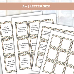 May include: Several printed cards with questions about a book, with a decorative border of leaves and berries. The cards are arranged in a stack, with the text "A4 | LETTER SIZE" at the top.