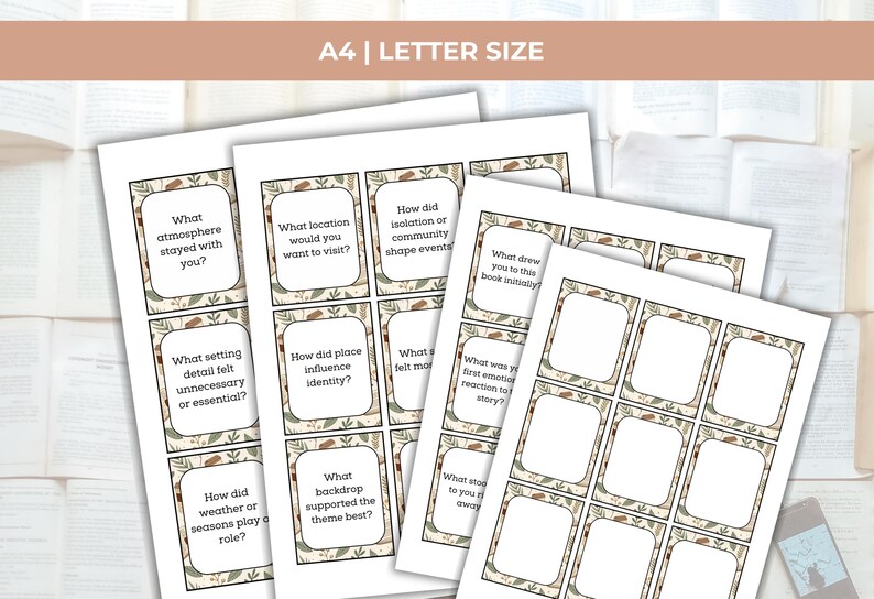 May include: Several printed cards with questions about a book, with a decorative border of leaves and berries. The cards are arranged in a stack, with the text "A4 | LETTER SIZE" at the top.