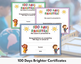 100 Days Brighter Certificate | 100th Day of School Printable | Activity Certificate | Celebration for kids | School Awards | Letter size