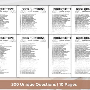 Puede incluir: Varias p&aacute;ginas de diario blancas con el texto "BOOK QUESTIONS Journal Prompts" y preguntas. La imagen tambi&eacute;n incluye el texto "300 Unique Questions | 10 Pages".