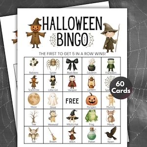 May include: Halloween Bingo game cards with various spooky illustrations, including a pumpkin, spider, and witch's hat. The game includes 60 cards and the text "Halloween Bingo". The first to get 5 in a row wins!