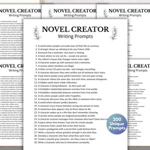 Puede incluir: Una pila de hojas de papel blancas con el título "NOVEL CREATOR Writing Prompts" en texto negro. Las indicaciones están numeradas e incluyen ideas de escritura creativa. También es visible un círculo azul con "200 Unique Prompts".