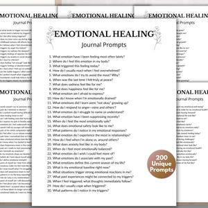 Könnte beinhalten: Weiße Papierbögen mit dem Text "EMOTIONAL HEALING Journal Prompts". Die Seiten listen 200 einzigartige Anregungen zur Selbstreflexion auf. Die Anregungen sollen das emotionale Wohlbefinden und die Selbstwahrnehmung fördern. Die Seiten sind gestapelt.