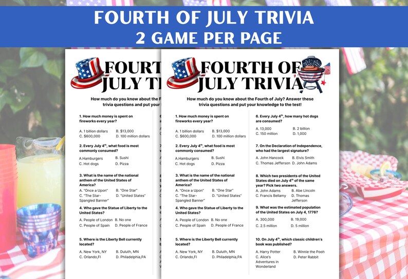 4th of July Trivia Printable Game, Fourth of July Games, Summer Games ...