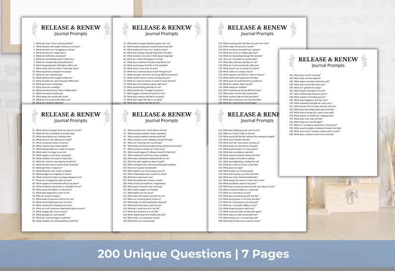 May include: White journal prompt pages with the text "Release & Renew Journal Prompts". The image shows seven pages with 200 unique questions. The pages are arranged on a light wooden surface.
