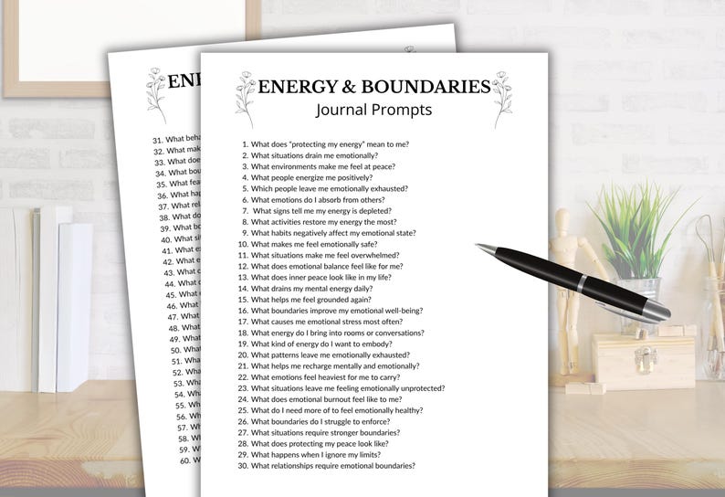 May include: Two white sheets of paper with the text "ENERGY & BOUNDARIES Journal Prompts" and a list of questions. A black pen rests on the right side of the paper. The papers are on a wooden desk.