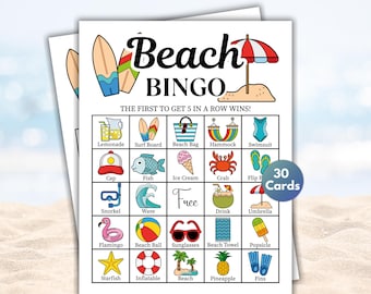 30 strandbingokaarten, strandbingospel, strandspellen, zomerspellen, familieactiviteiten, verjaardagsspel, bingospel voor kinderen, zomerfeestspellen