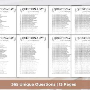 Może przedstawiać: Osiem białych stron dziennika z tekstem "QUESTION A DAY Journal Prompts" i kwiatowym wzorem. Każda strona zawiera listę pytań. Na dole obrazu widnieje napis "365 Unique Questions | 13 Pages."