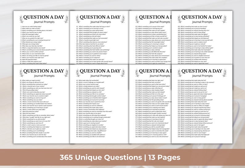 Może przedstawiać: Osiem białych stron dziennika z tekstem "QUESTION A DAY Journal Prompts" i kwiatowym wzorem. Każda strona zawiera listę pytań. Na dole obrazu widnieje napis "365 Unique Questions | 13 Pages."
