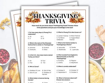 May include: Thanksgiving trivia game with multiple-choice questions about Thanksgiving foods. The game features a decorative header with pumpkins and fall foliage. Includes questions about the holiday's history and traditions.
