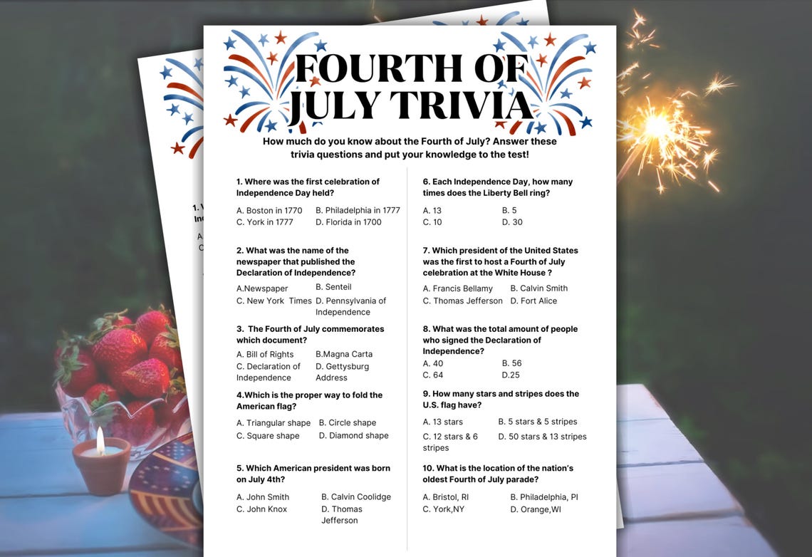 4th of July Trivia Game, Independence Day Trivia Game, Fourth of July ...